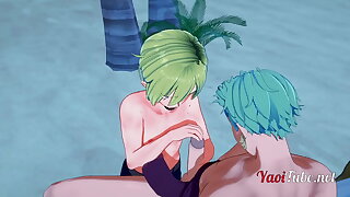 One Piece Yaoi - Zoro x Sanji Handjob and Blowjob in a beach - anime Manga Gay